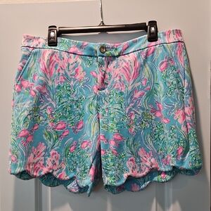 Lilly Pulitzer Blue and Pink 7 Inch Scalloped Shorts with Watercolor Print